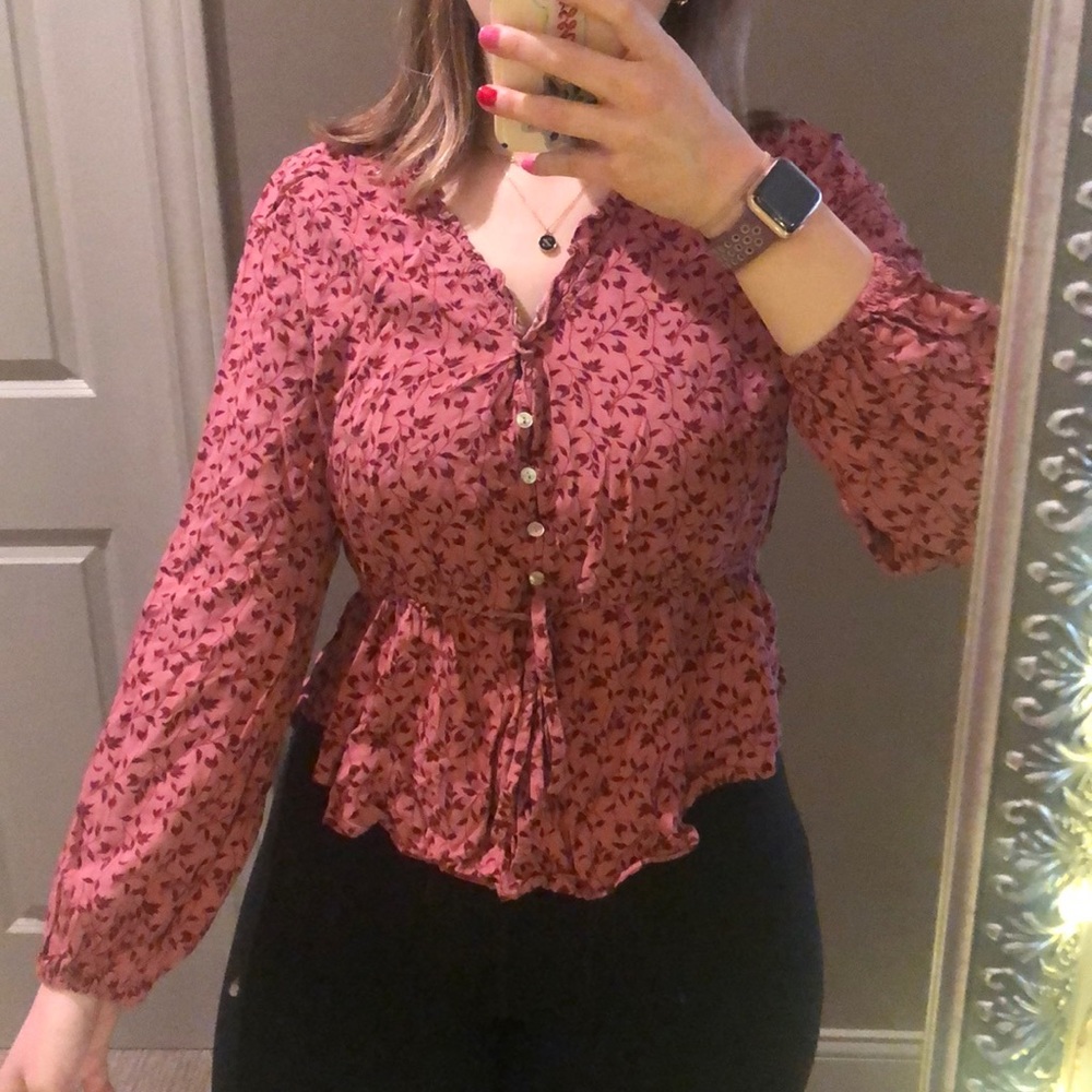 Balloon sleeve pink floral peplum/babydoll top